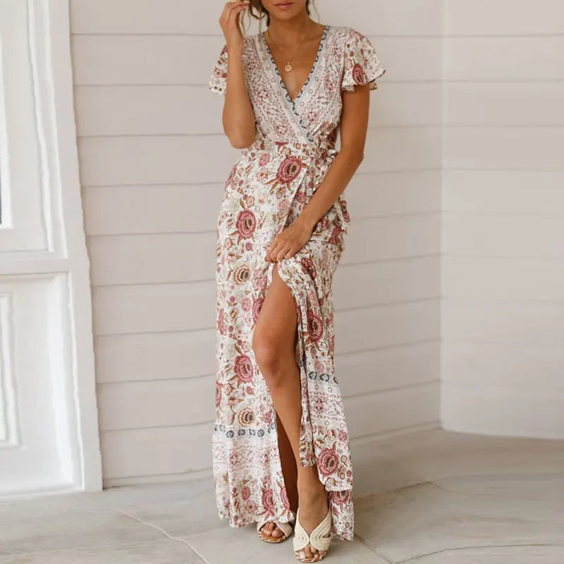 Marie - Elegant summer maxi dress with ruffles, short sleeves and a deep V-neckline