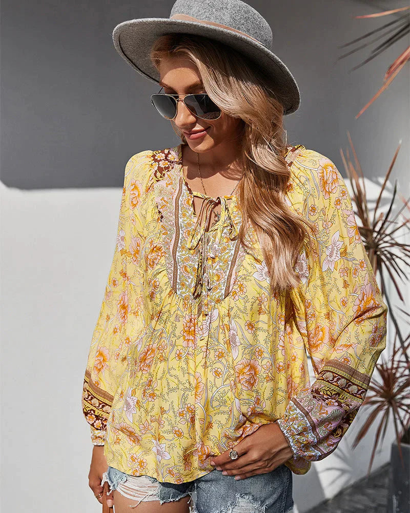 Vintage Boho Summer Blouse with Floral Print and Long Sleeves – Sana