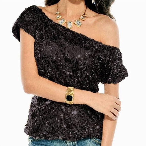 Trendy Shoulder T-Shirt with Sequins for Summer Nights - GlamGlanz