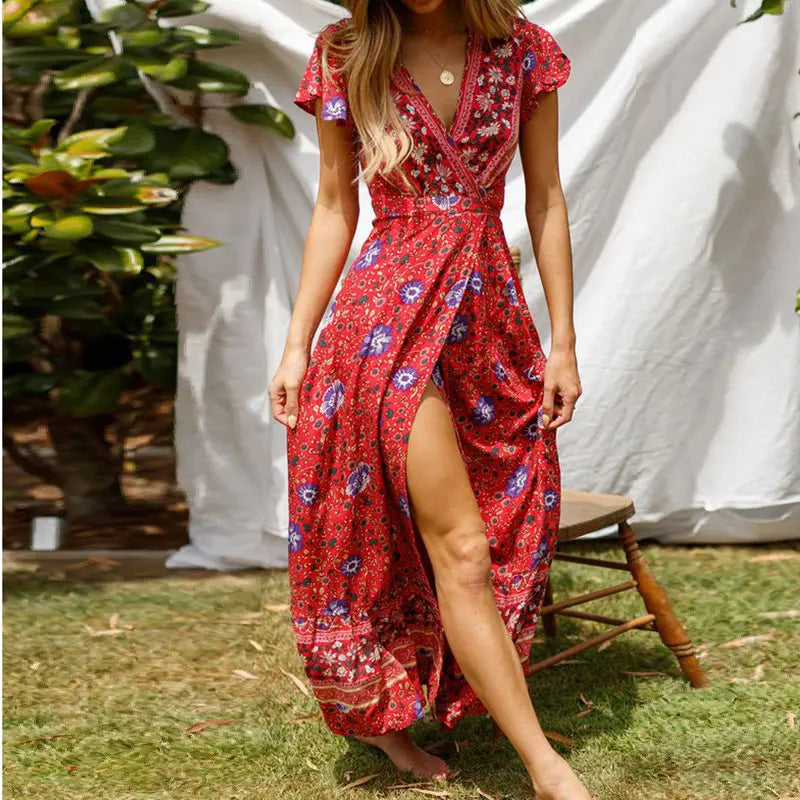 Marie - Elegant summer maxi dress with ruffles, short sleeves and a deep V-neckline