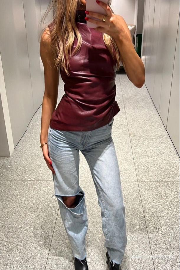 Women's Sleeveless Leather Top in Bordeaux with Slim Fit – Nila