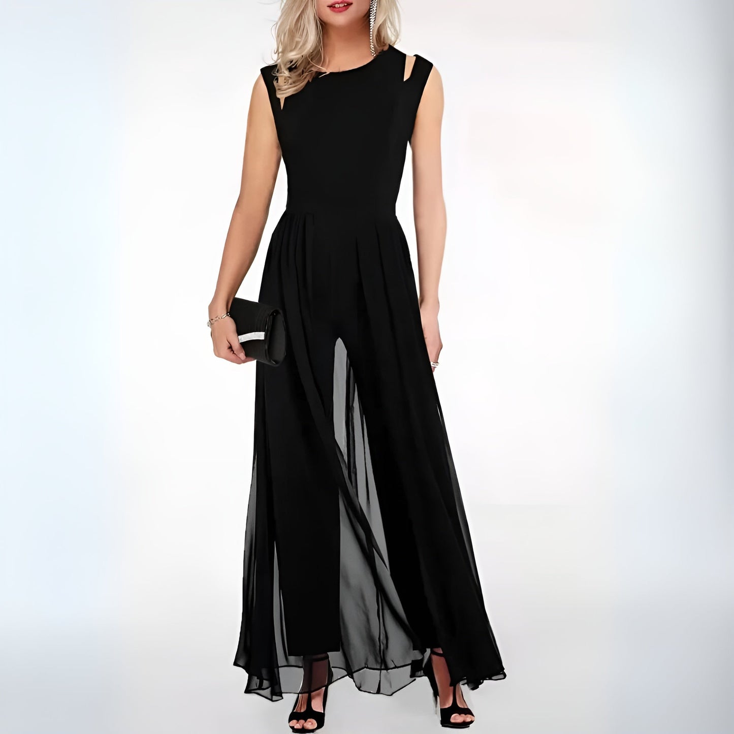 Women's Evening Jumpsuit with Chiffon Skirt and Cut-Out – Elegant Jumpsuit for Festive Occasions & Events