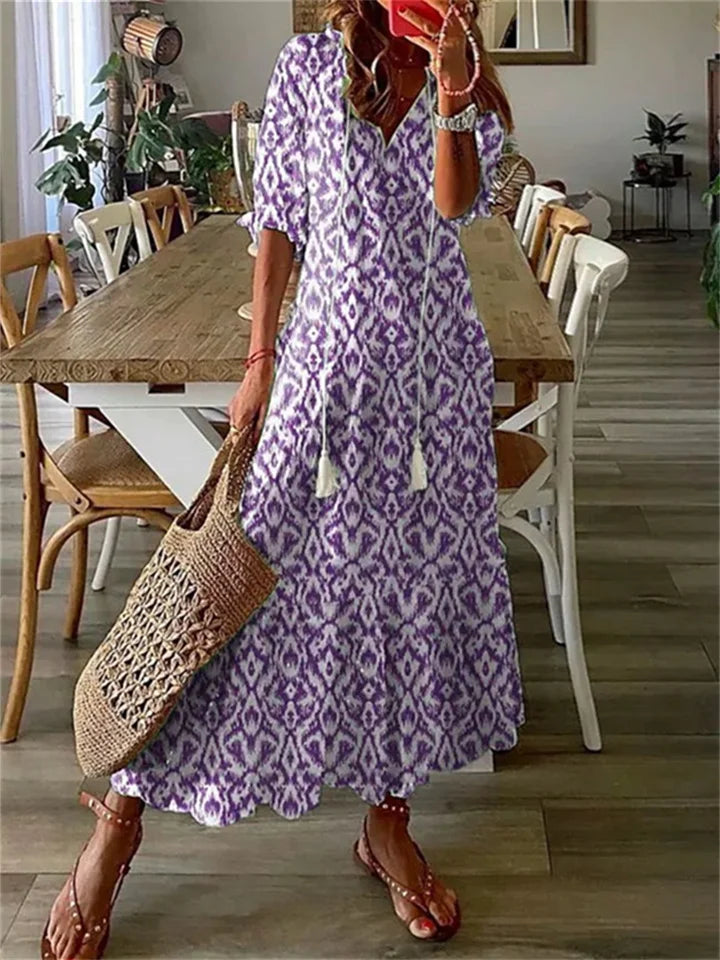 Boho Maxi Dress with Floral Pattern – Airy Summer Dress with V-Neck and 3/4 Sleeves