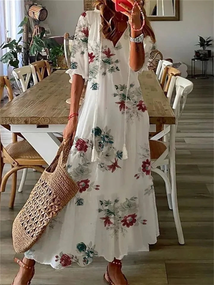 Boho Maxi Dress with Floral Pattern – Airy Summer Dress with V-Neck and 3/4 Sleeves