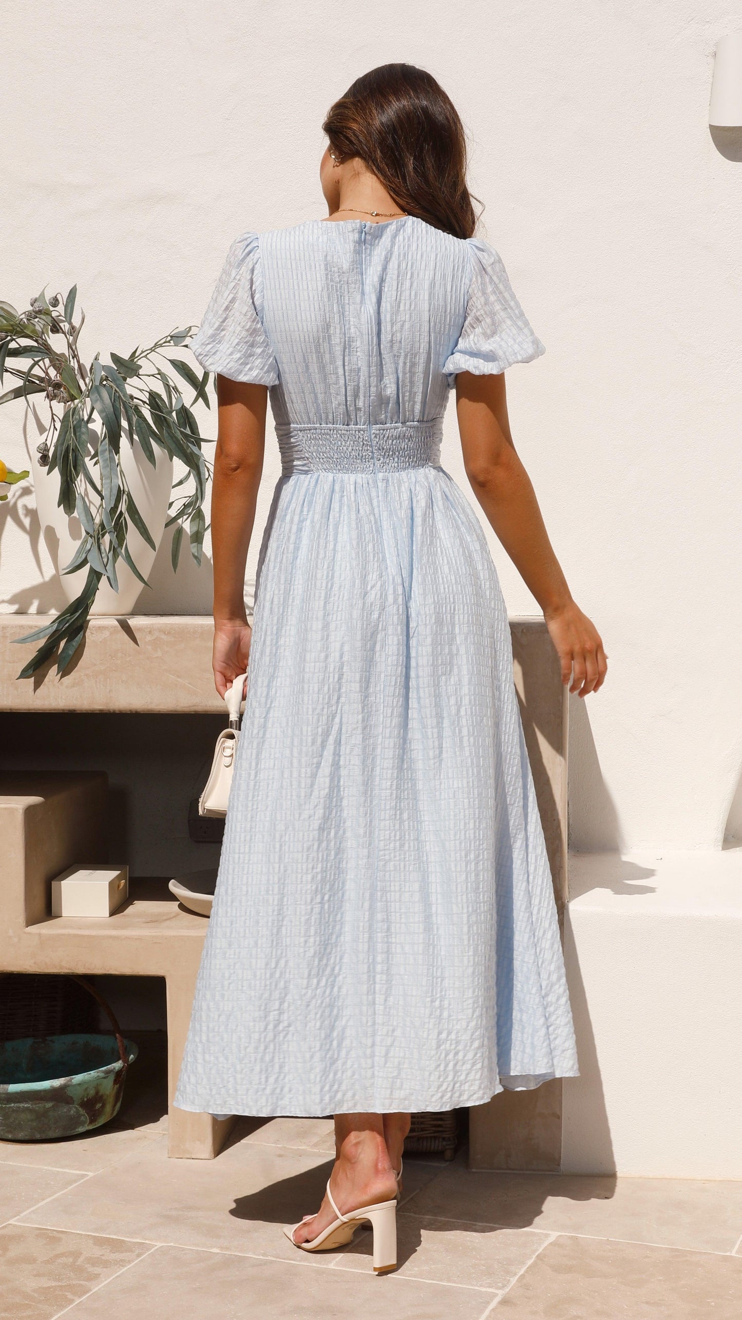 Women's V-Neck Midi Dress with Puff Sleeves for Summer