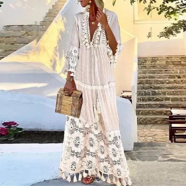 Adalyn - Bohemian Long Dress with Lace and Tassels