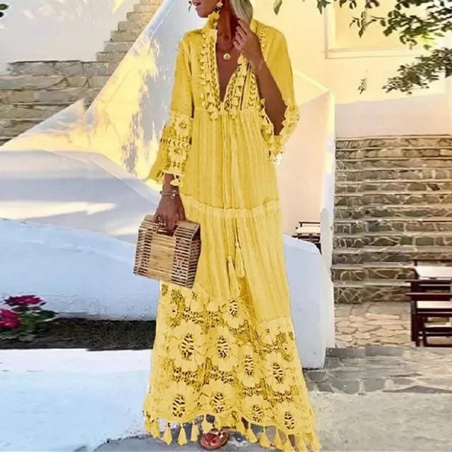 Adalyn - Bohemian Long Dress with Lace and Tassels