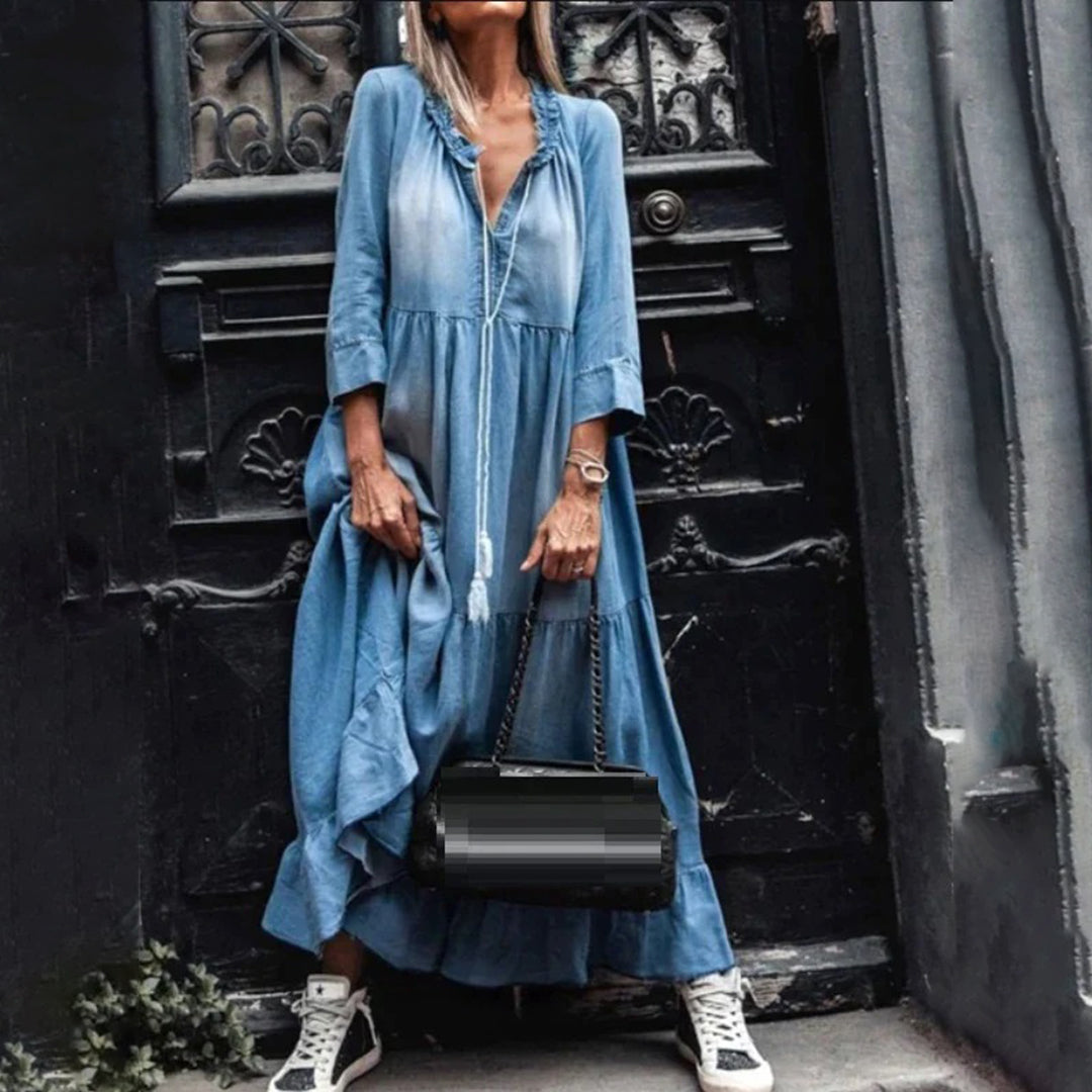 Boho Maxi Dress with V-Neck and Ruffles – Breezy Casual Dress with Tie Closure and 3/4 Sleeves