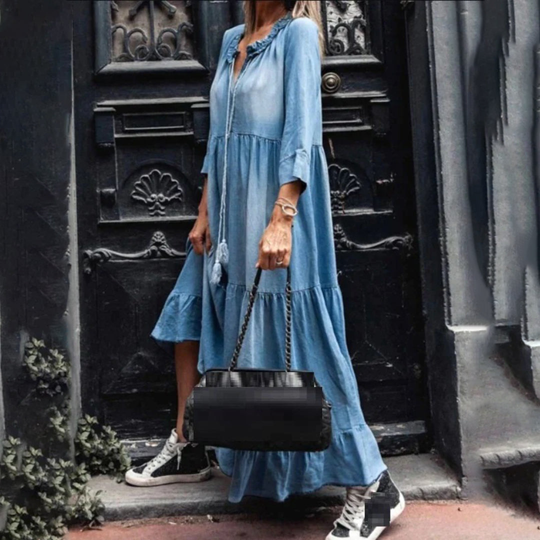 Boho Maxi Dress with V-Neck and Ruffles – Breezy Casual Dress with Tie Closure and 3/4 Sleeves