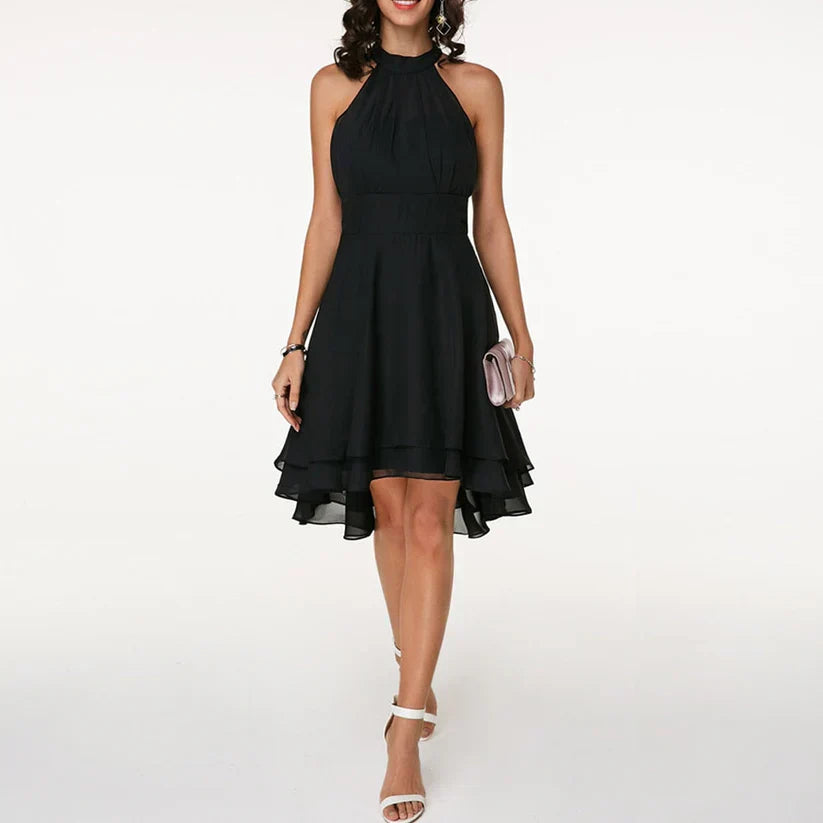 Women's Elegant Cocktail Dress with Neckholder and Ruffle - Sleeveless A-Line Evening Dress for Parties & Events