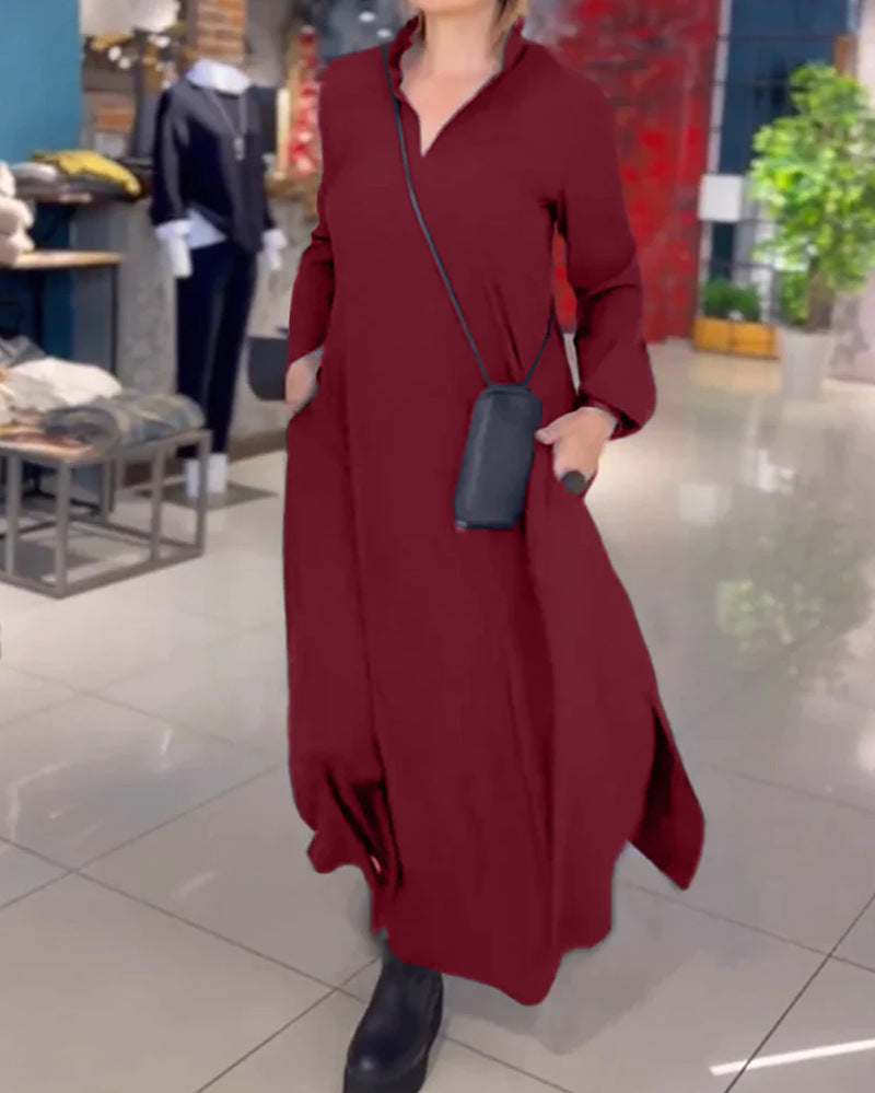 Vina - Casual solid colored dresses with V-neck and long sleeves