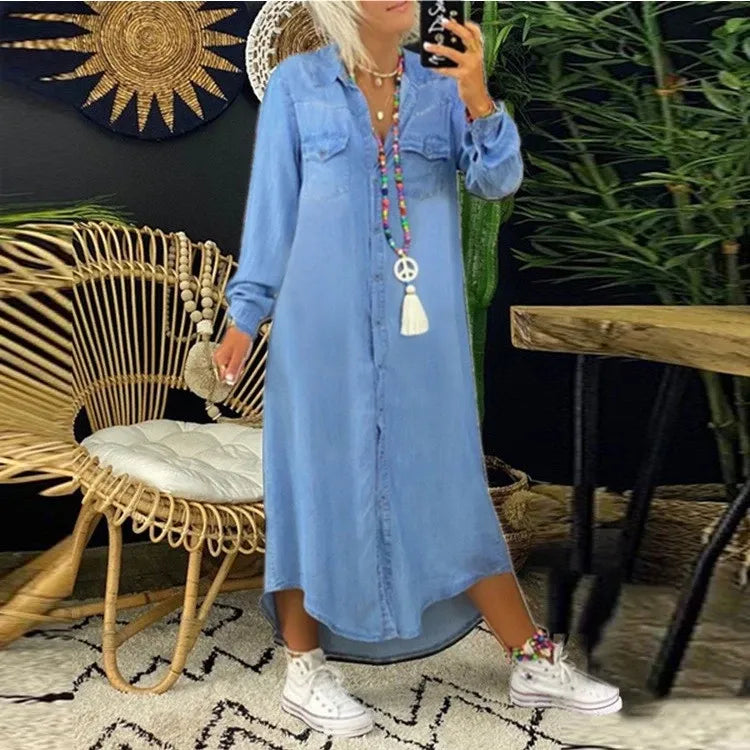 Women's Jeans Shirt Dress – Casual Long Sleeve Midi Dress with Button Placket