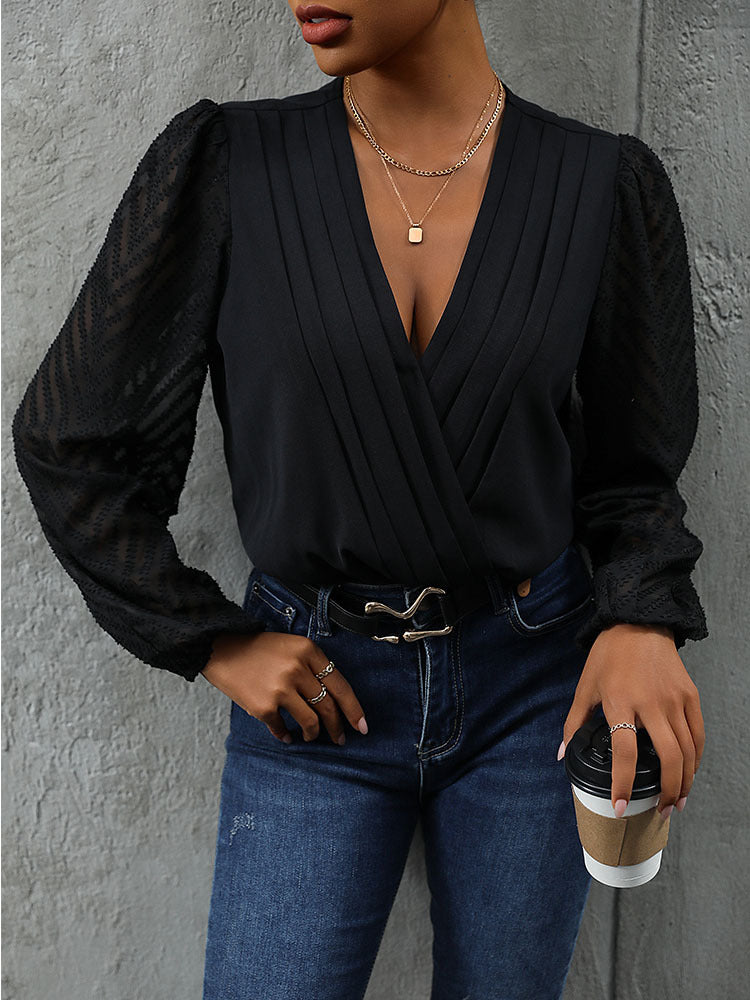 Ayeshi | V-Neck Casual Pleated Bodysuit Top - Chic & Comfortable