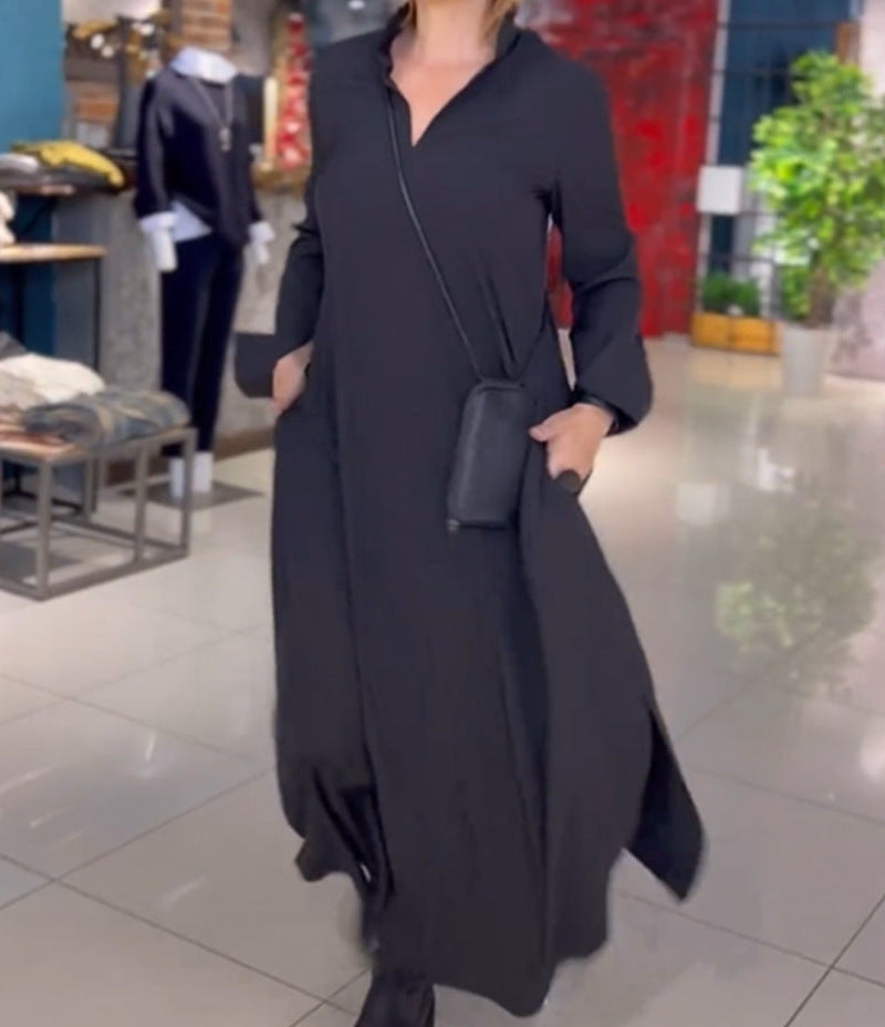 Vina - Casual solid colored dresses with V-neck and long sleeves