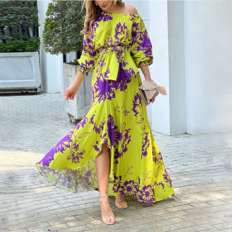 Andrea -Langer printed Damenrock, Laternenärmel, high waist, elegant Kleid with abfallenden Schultern