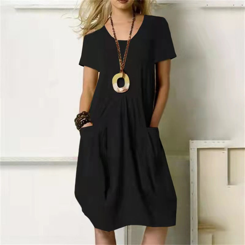 Helena - Plain dress with loose round neck and short sleeves