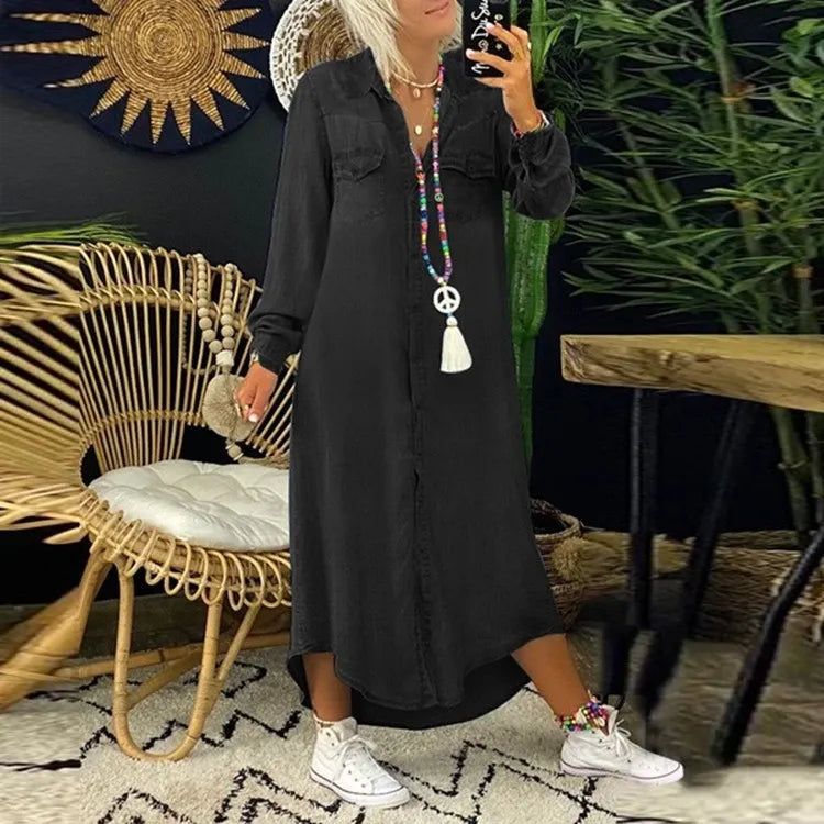 Women's Jeans Shirt Dress – Casual Long Sleeve Midi Dress with Button Placket