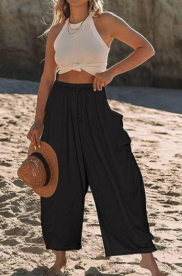Louinda - Wide leg trousers in cotton and linen with elasticated waistband and pockets