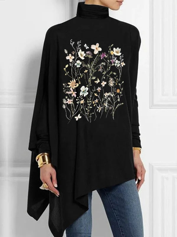 Nadini | Figure Graphic Batwing Sleeve Mock Neck Blouse - Unique & Chic