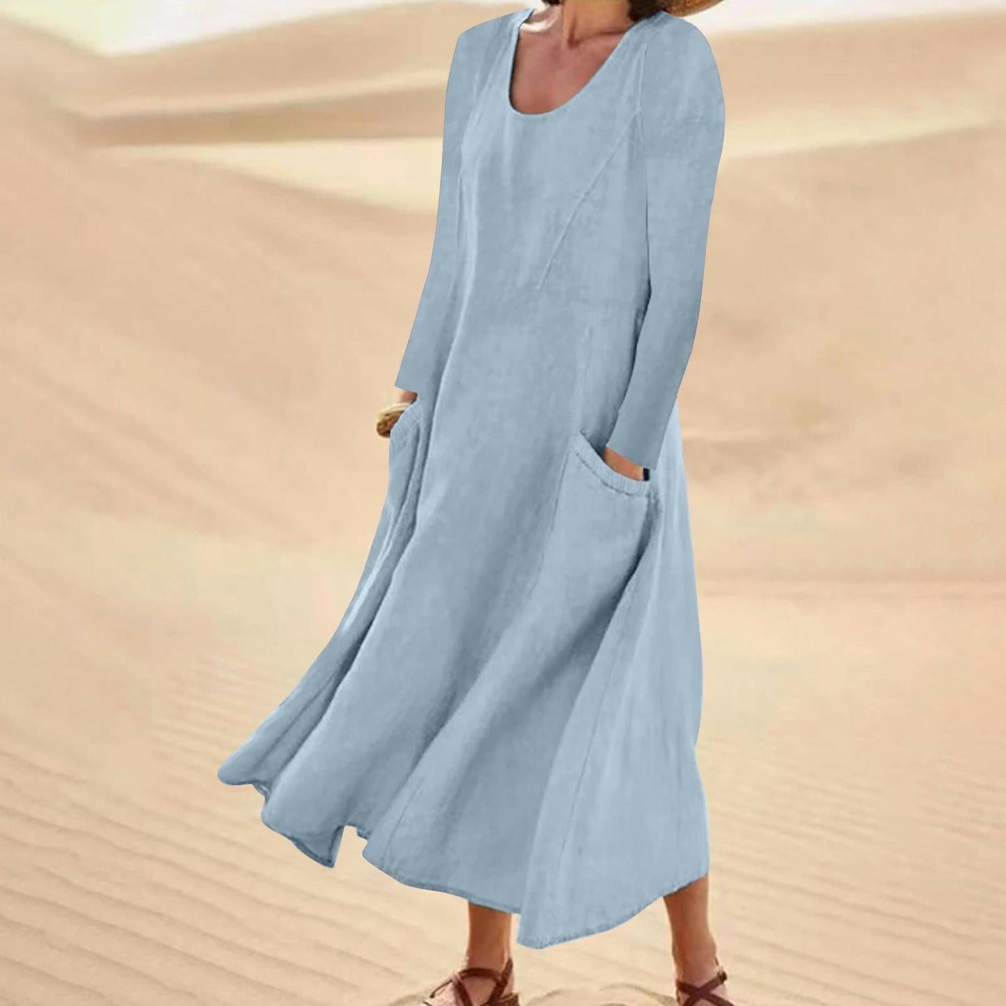 Velly - Plain colored dress with long sleeves and a round neckline