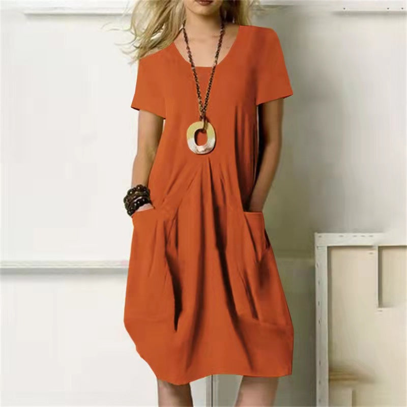 Helena - Plain dress with loose round neck and short sleeves