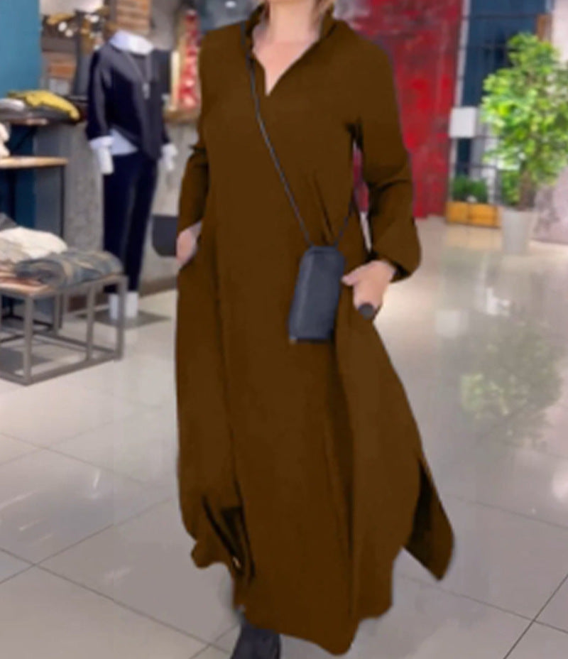 Vina - Casual solid colored dresses with V-neck and long sleeves