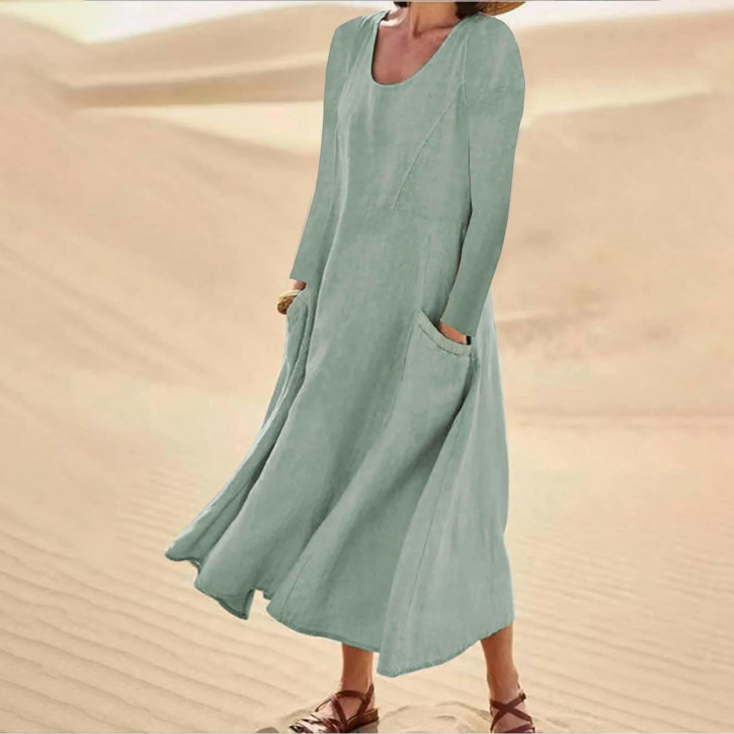 Velly - Plain colored dress with long sleeves and a round neckline