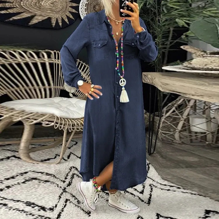 Women's Jeans Shirt Dress – Casual Long Sleeve Midi Dress with Button Placket