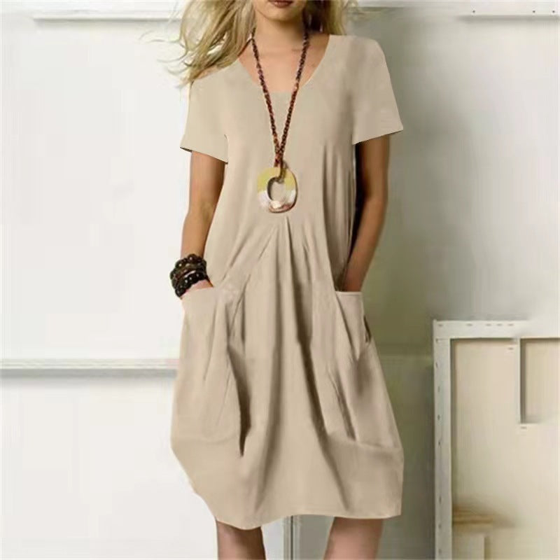 Helena - Plain dress with loose round neck and short sleeves