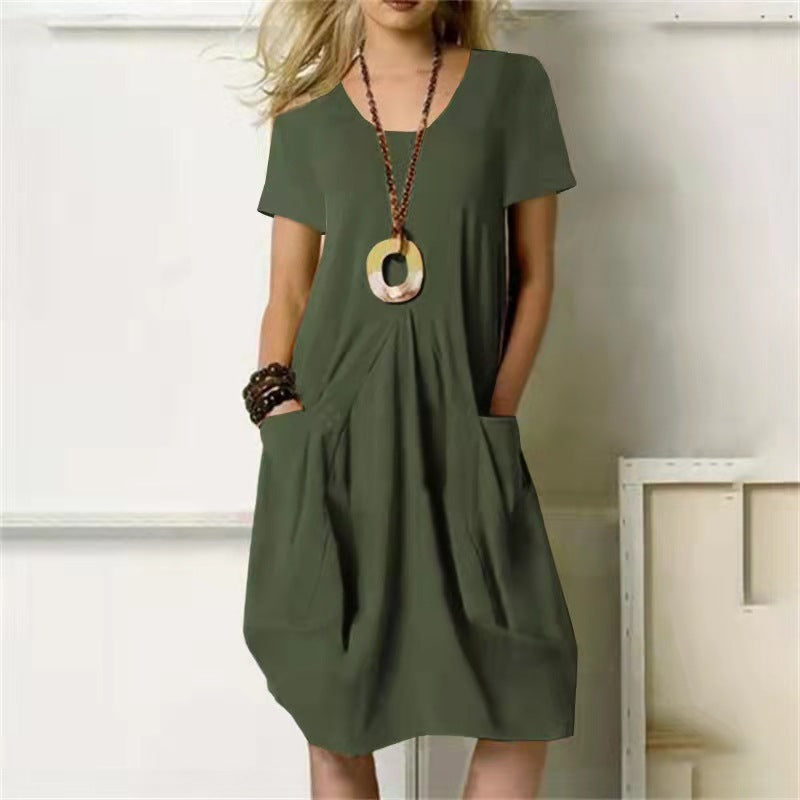 Helena - Plain dress with loose round neck and short sleeves