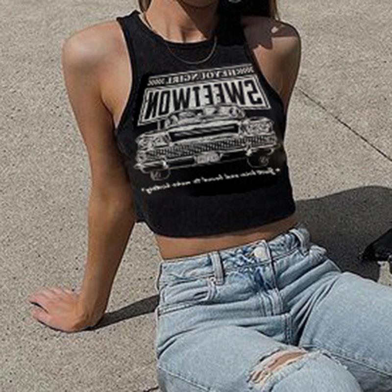 Trendy Women's Crop Top with Car Print and Round Neck – Maila