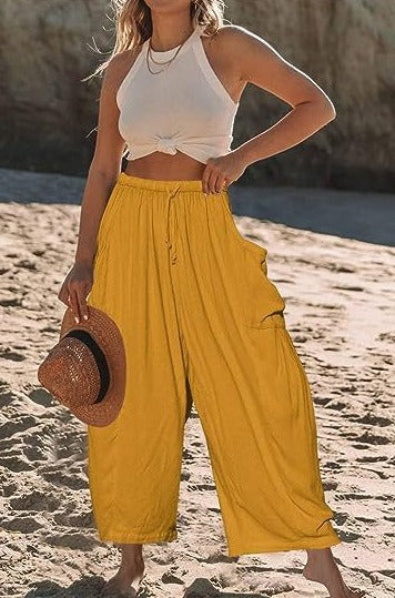 Louinda - Wide leg trousers in cotton and linen with elasticated waistband and pockets