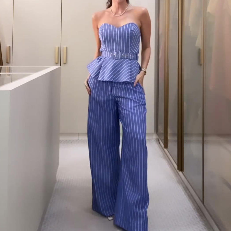 Jaymie - Fashionable striped set with tube top and printed pants