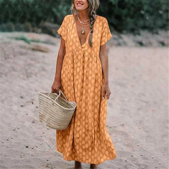 Boho Maxi Dress with V-Neck – Flowy Summer Dress with Print and Short Sleeves