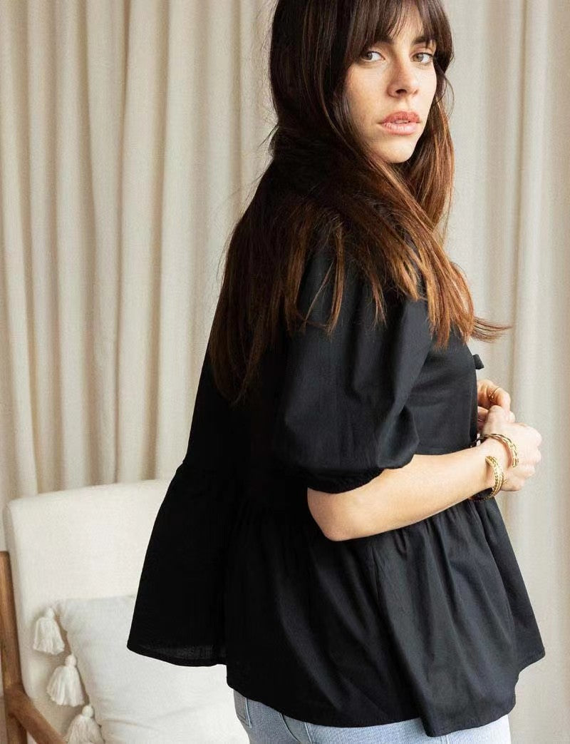 Kaye | Women's Puff-Sleeve Peplum Bow Top - Feminine & Elegant