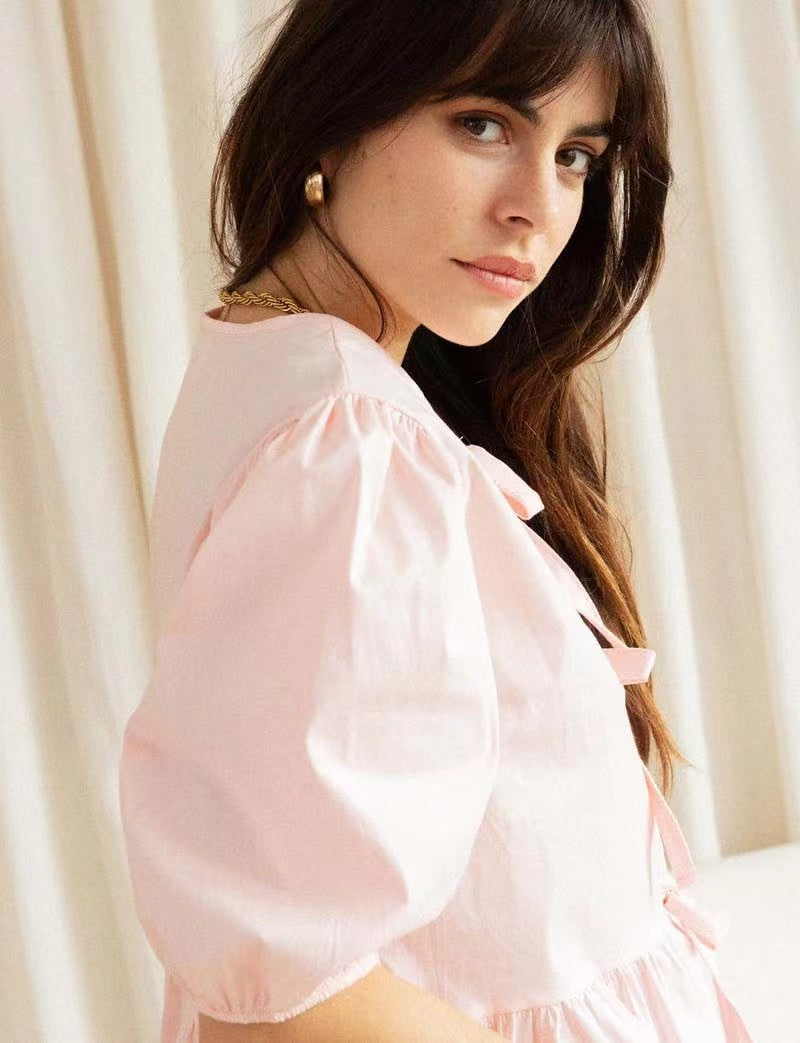 Kaye | Women's Puff-Sleeve Peplum Bow Top - Feminine & Elegant