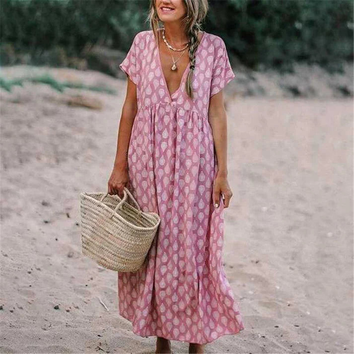 Boho Maxi Dress with V-Neck – Flowy Summer Dress with Print and Short Sleeves