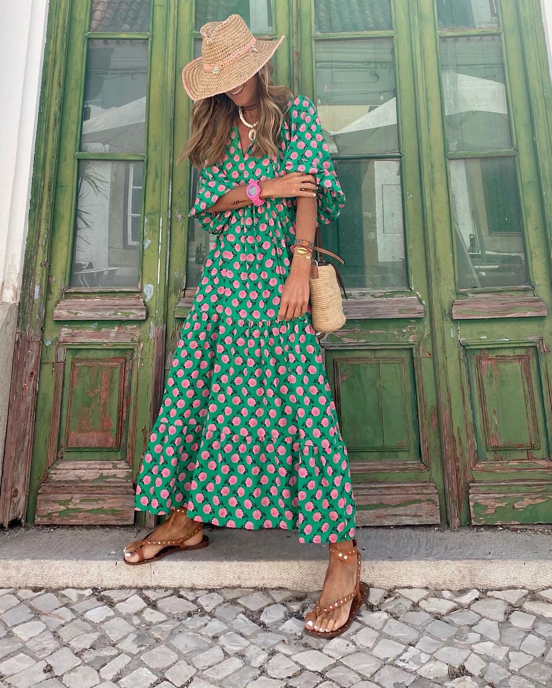 Women's Boho Dress – Breezy Floral Dress with Wide Fit and 3/4 Sleeves