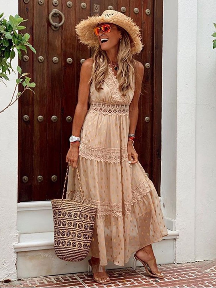 Women's Boho Maxi Dress with Lace: Sleeveless Summer Dress, Breezy Beach Dress with V-Neck and Embroidery Details