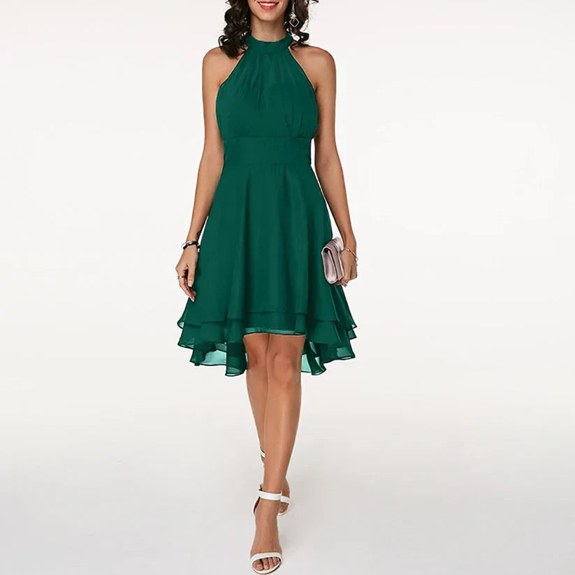 Women's Elegant Cocktail Dress with Neckholder and Ruffle - Sleeveless A-Line Evening Dress for Parties & Events