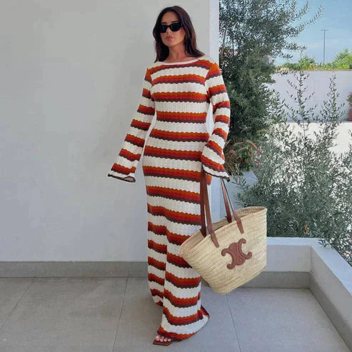 Eva - Knitted Striped Backless Maxi Dress