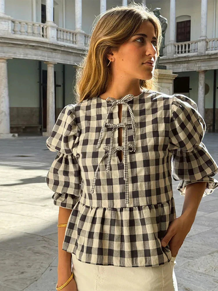 Chiara | Women's puff sleeve lace-up - spring blouse