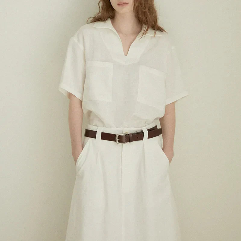Light and Timeless Short Sleeve Linen Blouse for Women V-Neck – Milena