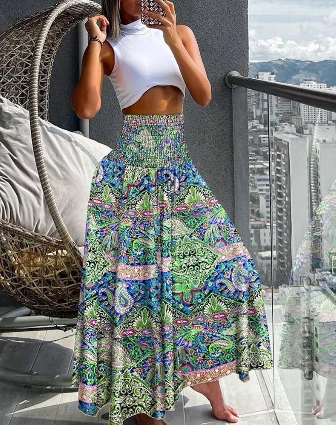 Emmeline - High waist elastic A-line skirt with large swing and long skirt