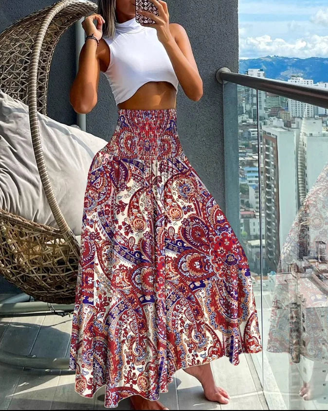 Emmeline - High waist elastic A-line skirt with large swing and long skirt