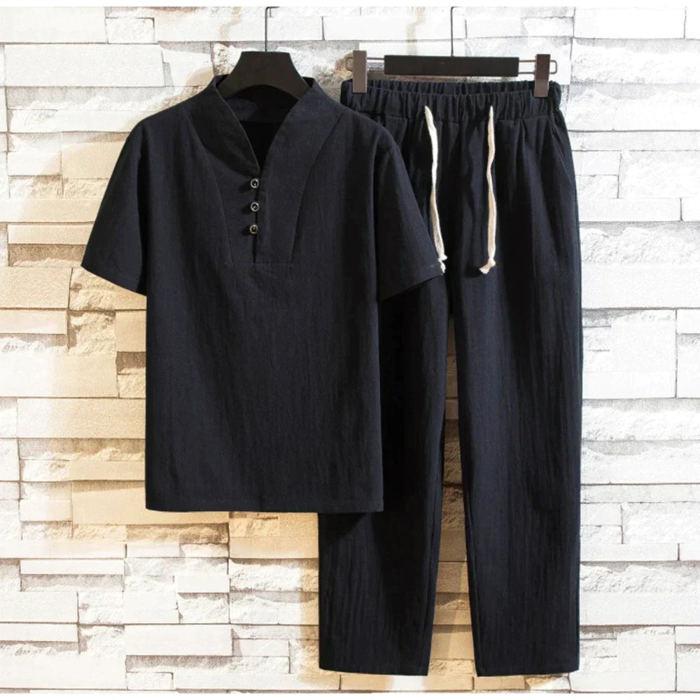 Jordano - Men's Cotton and Linen Short Sleeve T-Shirt and Ankle-Length Pants Set