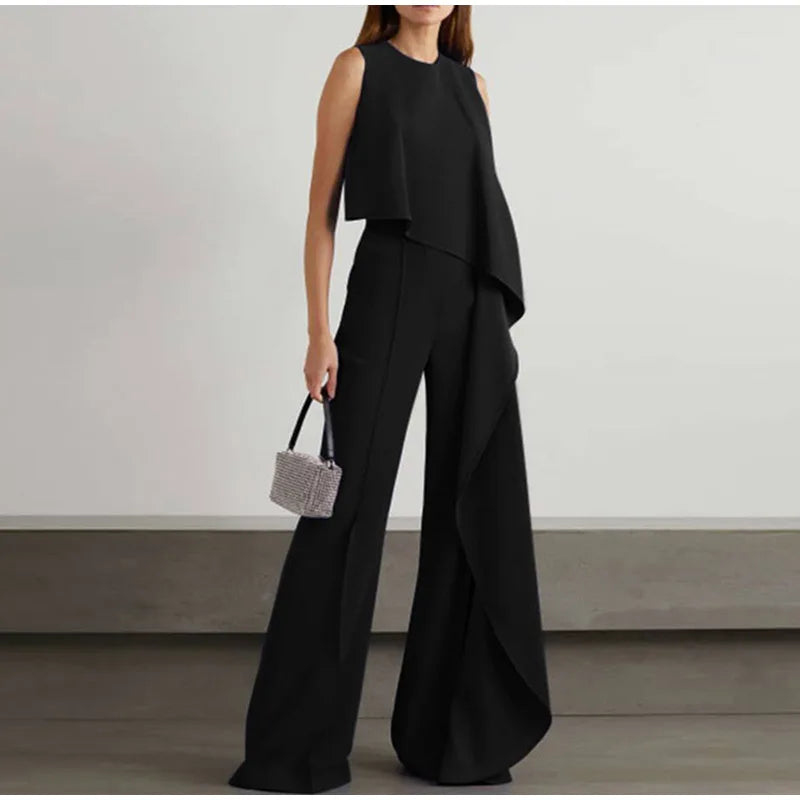 Olive - Women's Sleeveless Straight Tubular Casual Wide Leg Pants Sets
