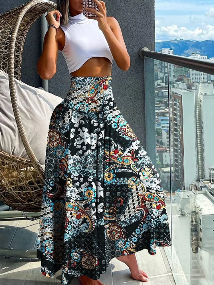 Emmeline - High waist elastic A-line skirt with large swing and long skirt