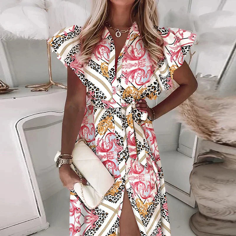 Alexa - Fashion ruffles short sleeve V-neck knot print midi dress