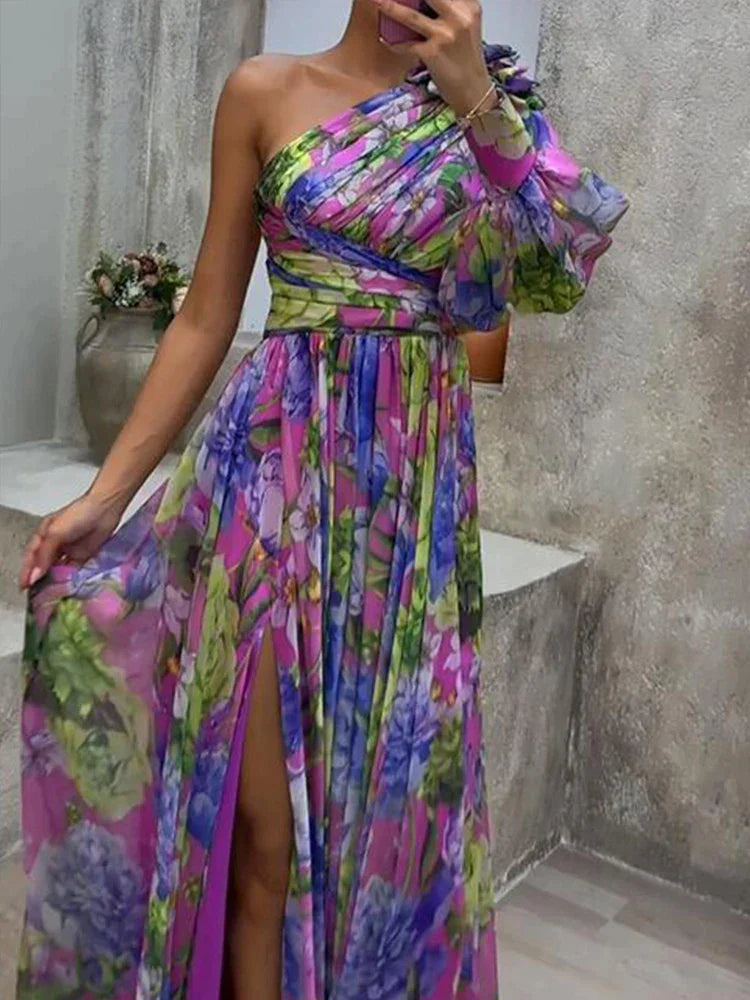 Lilac - Purple Print Side Split One Sleeve Sexy Maxi Dress